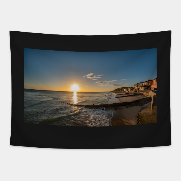 Fisheye view over Cromer beach and the promenade at sunrise Tapestry by yackers1