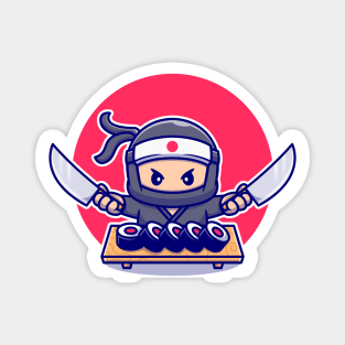 Cute Ninja Holding Knife With Sushi Magnet