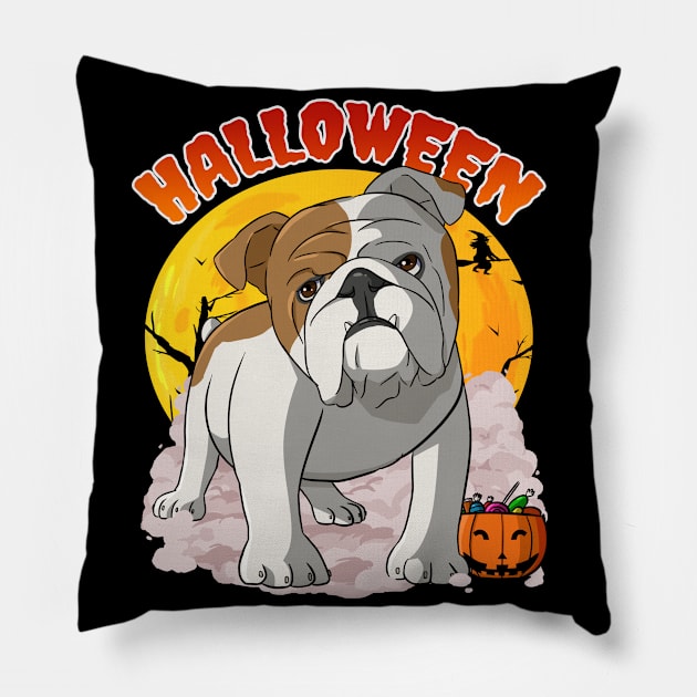 English Bulldog Witch Happy Halloween Pillow by Noseking