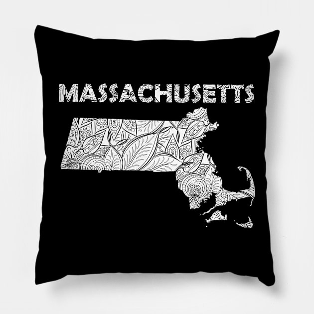 Mandala art map of Massachusetts with text in white Pillow by Happy Citizen