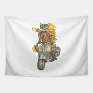 Steampunk Yellow Umbrella Cat Riding Motorcycle Tapestry