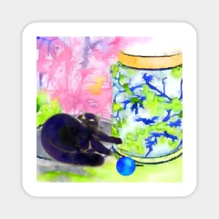 Cat playing and chinoiserie jar watercolor painting Magnet