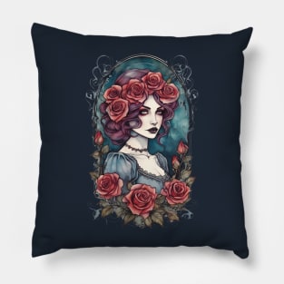 Victorian Gothic Lady with Red Roses Pillow