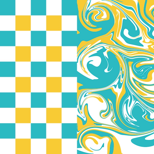 Checks and Swirls in Turquoise, Yellow, and White Kids T-Shirt by LAEC