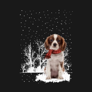 Cavalier King Charles Spaniel With Scarf In Winter Forest T-Shirt