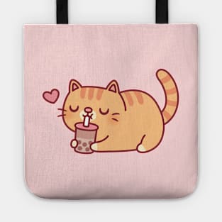 Cute Chubby Orange Tabby Cat Loves Boba Tea Tote