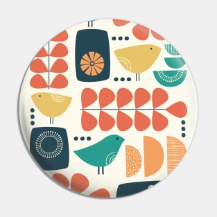 Retro Mid Century Modern Bird and Leaves in charcoal, teal, orange and yellow Pin