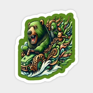 Animated Bears Riding a Green Car in a Vibrant Fantasy Illustration Magnet