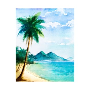 Watercolor tropical beach scene with palm trees T-Shirt