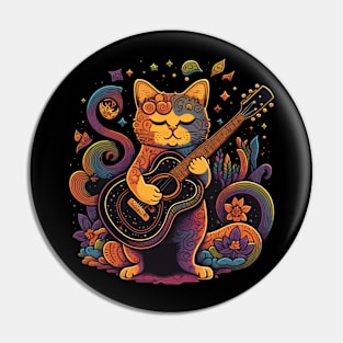 Retro 70s Cat Playing Guitar Gifts Guitarist Concert Guitar Pin