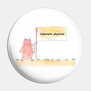 Cybernetic physician. Profession, work. Cat shows a banner with the inscription. Watercolor illustration. A gift for a professional. Pin