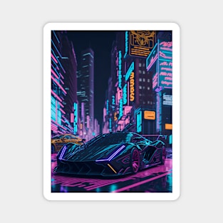 Dark Neon City Sports Car Magnet