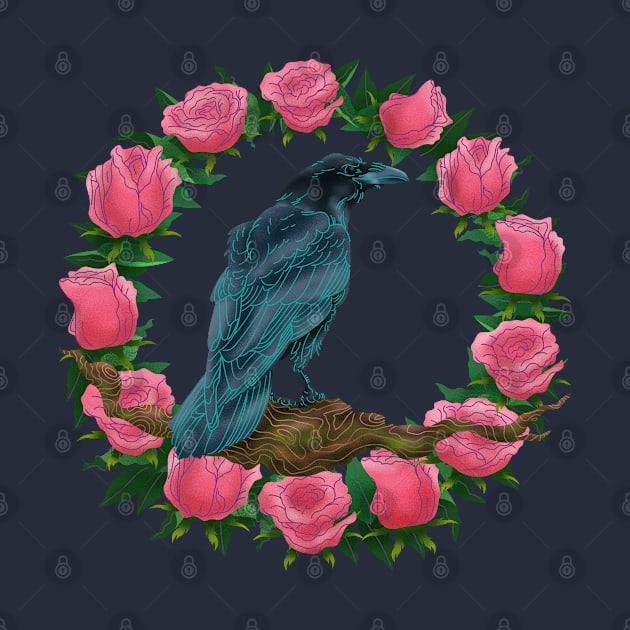 American Crow on Pink Roses by Spirit Animals 21