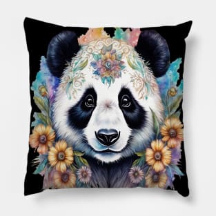 Fantasy, Watercolor, Panda Bear With Flowers and Butterflies Pillow