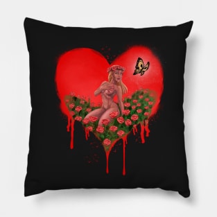 LOVE HEART with BUTTERFLY and ROSES - Graffiti Style (Red) Pillow