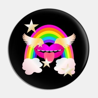 Groovy Winged Lips, Rainbow and Stars - PINK Pin