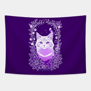 White Cat with Purple Blooms Tapestry