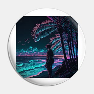 Boy looking at the ocean on a beach under a palm tree Pin