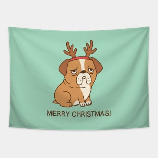 Grumpy Bulldog With Reindeer Antlers Funny Merry Christmas Tapestry