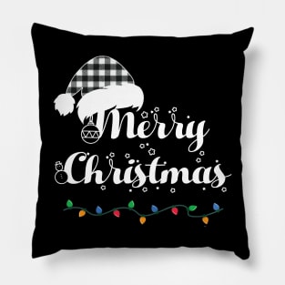 Merry Christmas Lights Santa Hat With White Plaid Xmas Holiday Pillow