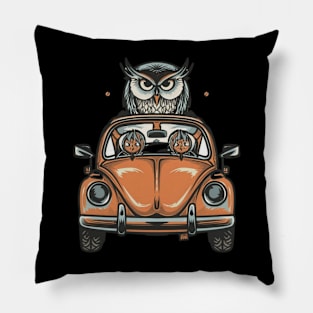 A wise owl cruising in a classic Volkswagen Beetle Pillow