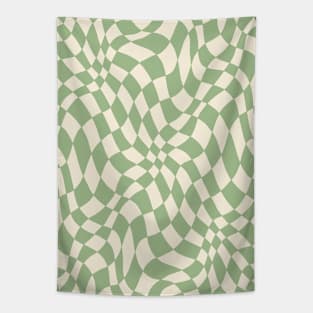 Green and Cream Distorted Warped Checkerboard Pattern II Tapestry