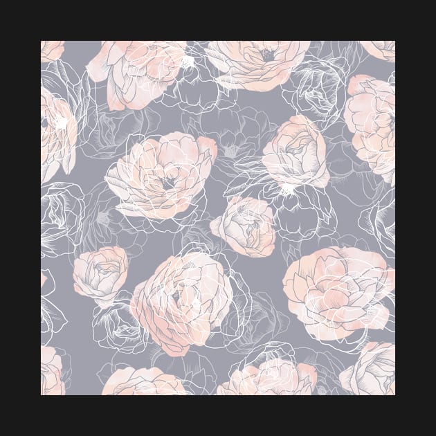 Pink Carnation Outline Pattern in Neutral Blue by marknprints