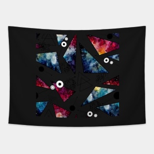 Watercolor Colorful Nebula, Triangles, Lines and Black Dots Tapestry