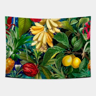 tropical exotic botanical illustration with floral tropical fruits, botanical illustration, tropical fruit, Blue fruit pattern over a Tapestry