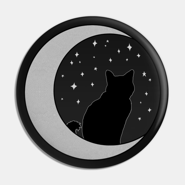 Black Cat and Silver Crescent Moon Pin by Velvet Earth