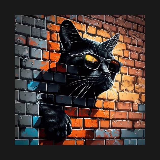 Black cat in sunglasses painted onto brick wall Sticker by MeatLuvers