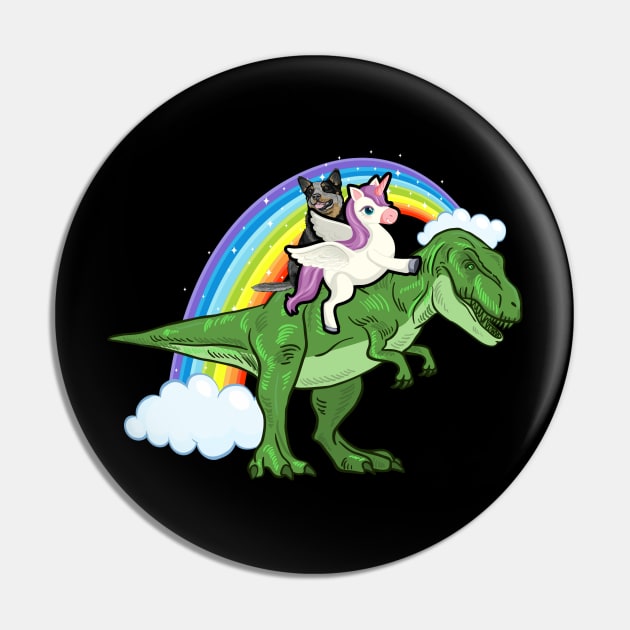 Unicorn and Blue Heeler Riding A Dinosaur Pin by TeddyTees