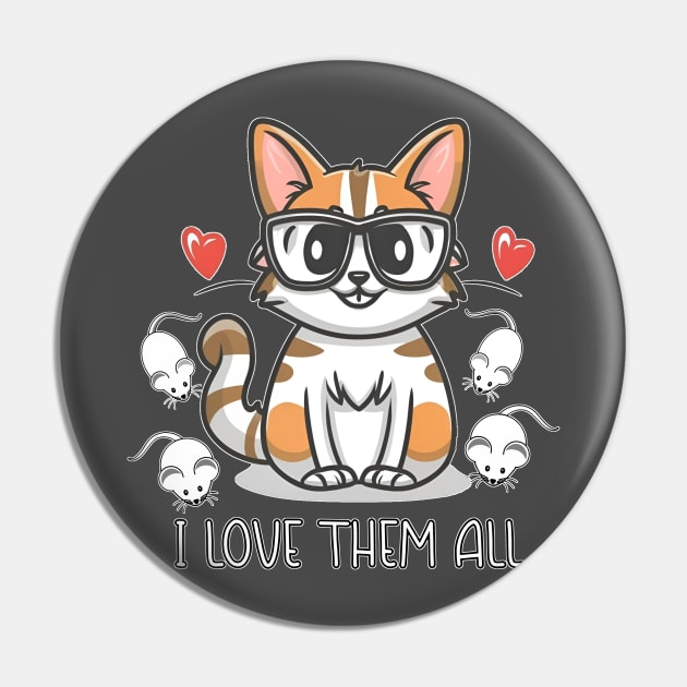 I Love Them All: Whimsical Cat Adventure in Vivid White, Blue, Gray, and Red Pin by PopArtyParty