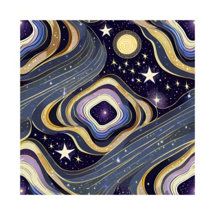 Geometric pattern of curved seamless stripes making a starry night with galaxy and stars T-Shirt