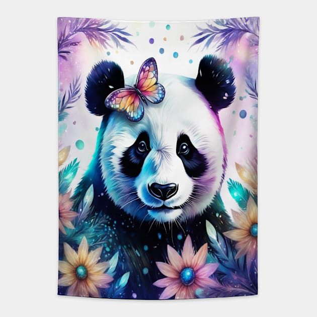 Fantasy, Watercolor, Panda Bear With Flowers and Butterflies Tapestry by BirdsnStuff