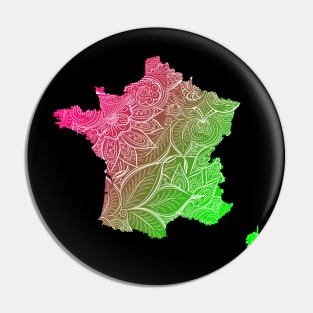 Colorful mandala art map of France with text in pink and green Pin