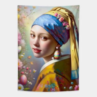 Easter Elegance: Pearl Earrings Girl with Easter Egg Tapestry