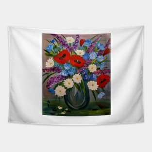 poppies and mixed flowers in turquoise metallic vase Tapestry