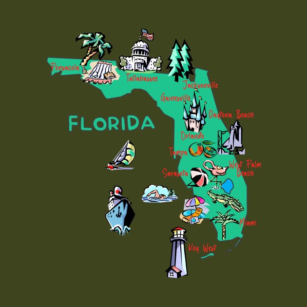 Hand Drawn Illustration of Florida Map with Tourist Destinations, USA by Mashmosh