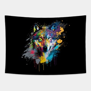 Wolf Abstract Artwork, Vibrant, Paint Splatter Tapestry