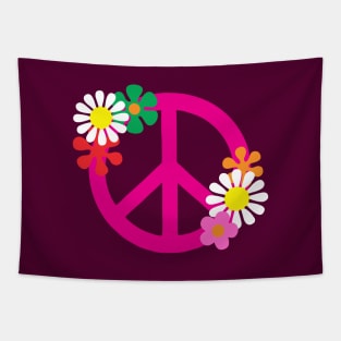 Pink Hippie Peace Symbol and Flowers Tapestry
