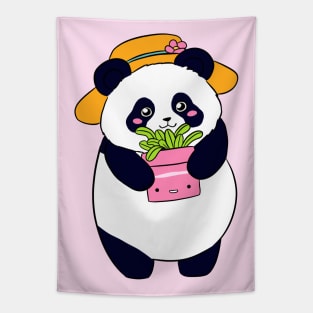 Cute panda bear holding a plant Tapestry