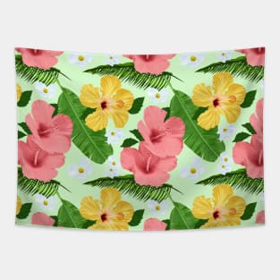 Tropical Hibiscus and Palm Fronds in Light Green Tapestry