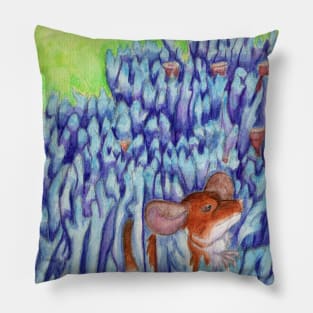 Brown Mouse in Blue Mushroom Pillow