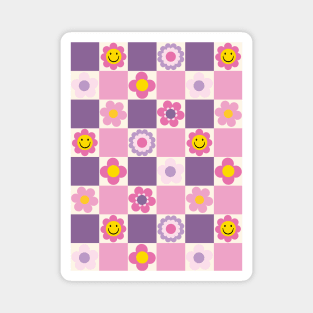 Retro Checkered Floral Pattern Pink and Purple Magnet