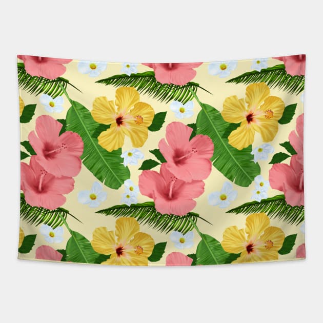 Tropical Hibiscus and Palm Fronds in Yellow Tapestry by ChaneyAtelier