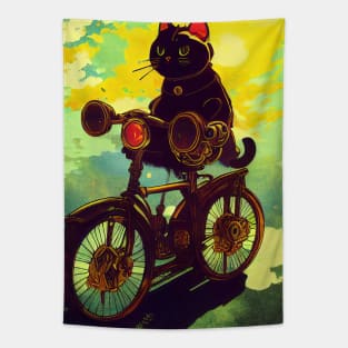 Black cat riding a bicycle Tapestry