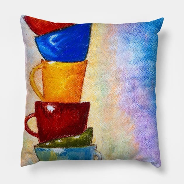 Piled cups colorful pastel art Pillow by Starlight Tales