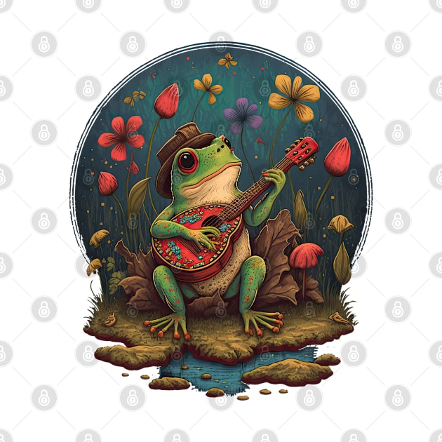 Cottagecore aesthetic cute frog playing ukelele on Mushroom by JayD World