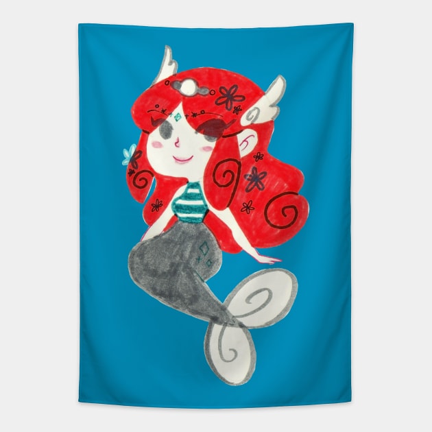 Red Haired Mermaid - Marker Drawing Tapestry by saradaboru